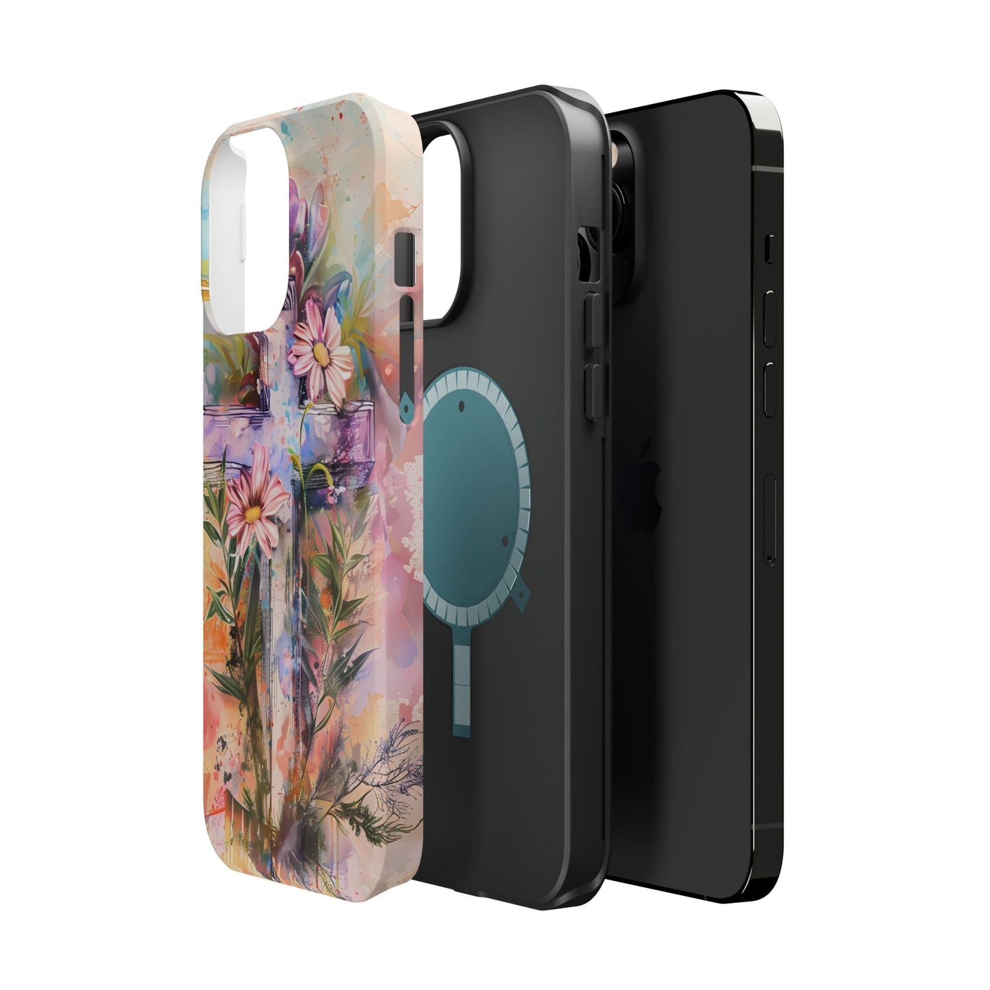 Watercolor Cross & Floral Art - MagSafe iPhone Case, Inspirational & Protective - BOGO Cases