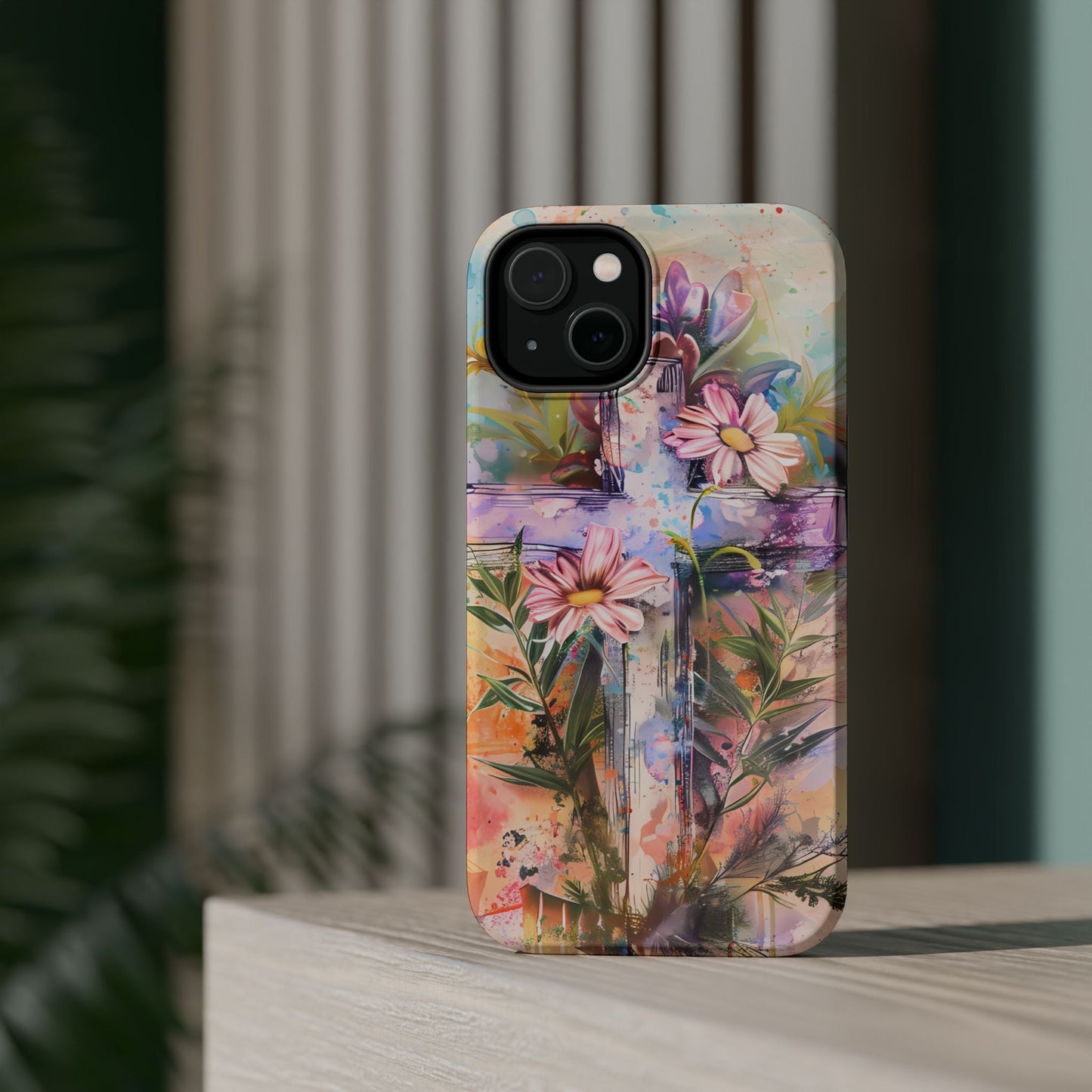 Watercolor Cross & Floral Art - MagSafe iPhone Case, Inspirational & Protective - BOGO Cases
