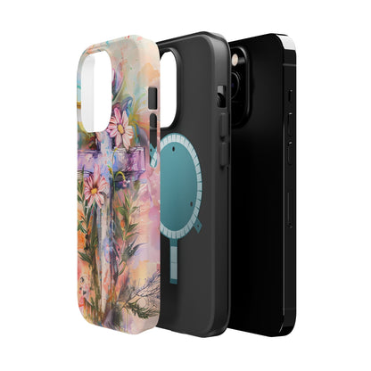 Watercolor Cross & Floral Art - MagSafe iPhone Case, Inspirational & Protective - BOGO Cases