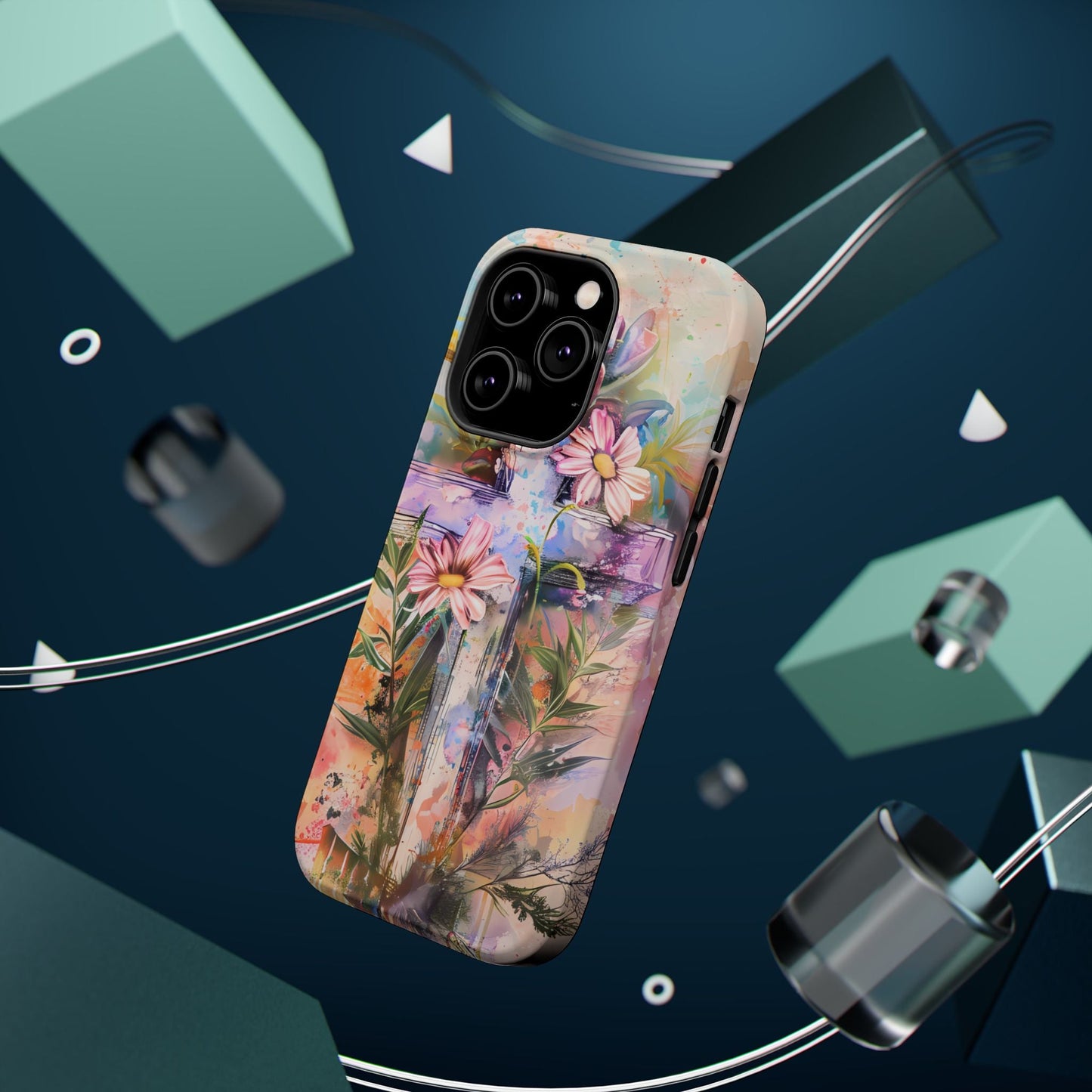 Watercolor Cross & Floral Art - MagSafe iPhone Case, Inspirational & Protective - BOGO Cases