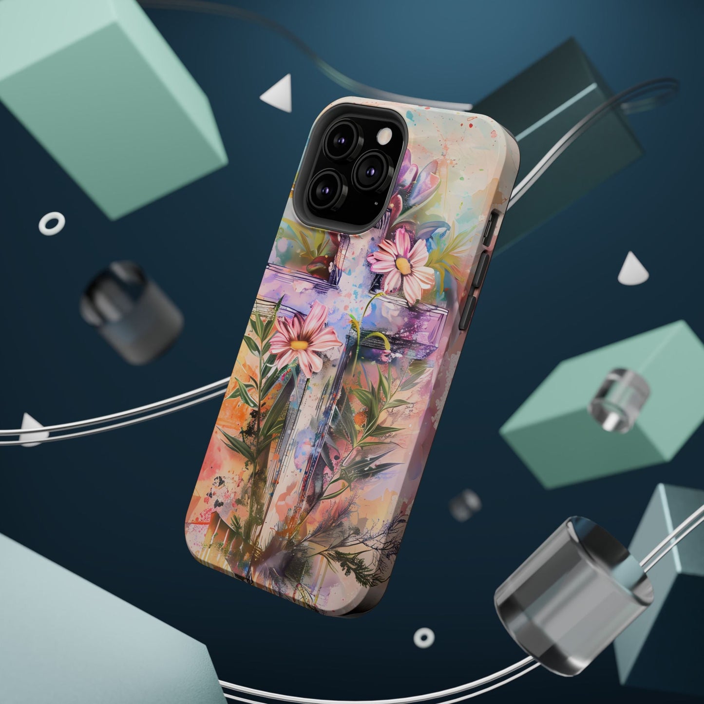 Watercolor Cross & Floral Art - MagSafe iPhone Case, Inspirational & Protective - BOGO Cases
