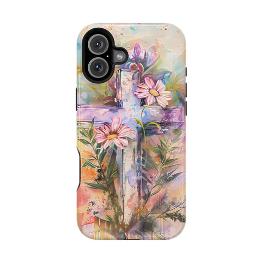 Watercolor Cross & Floral Art - MagSafe iPhone Case, Inspirational & Protective - BOGO Cases