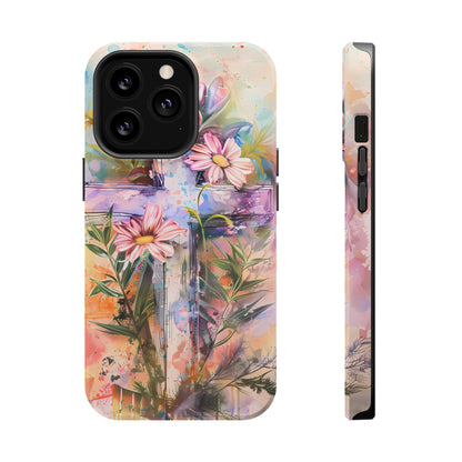 Watercolor Cross & Floral Art - MagSafe iPhone Case, Inspirational & Protective - BOGO Cases
