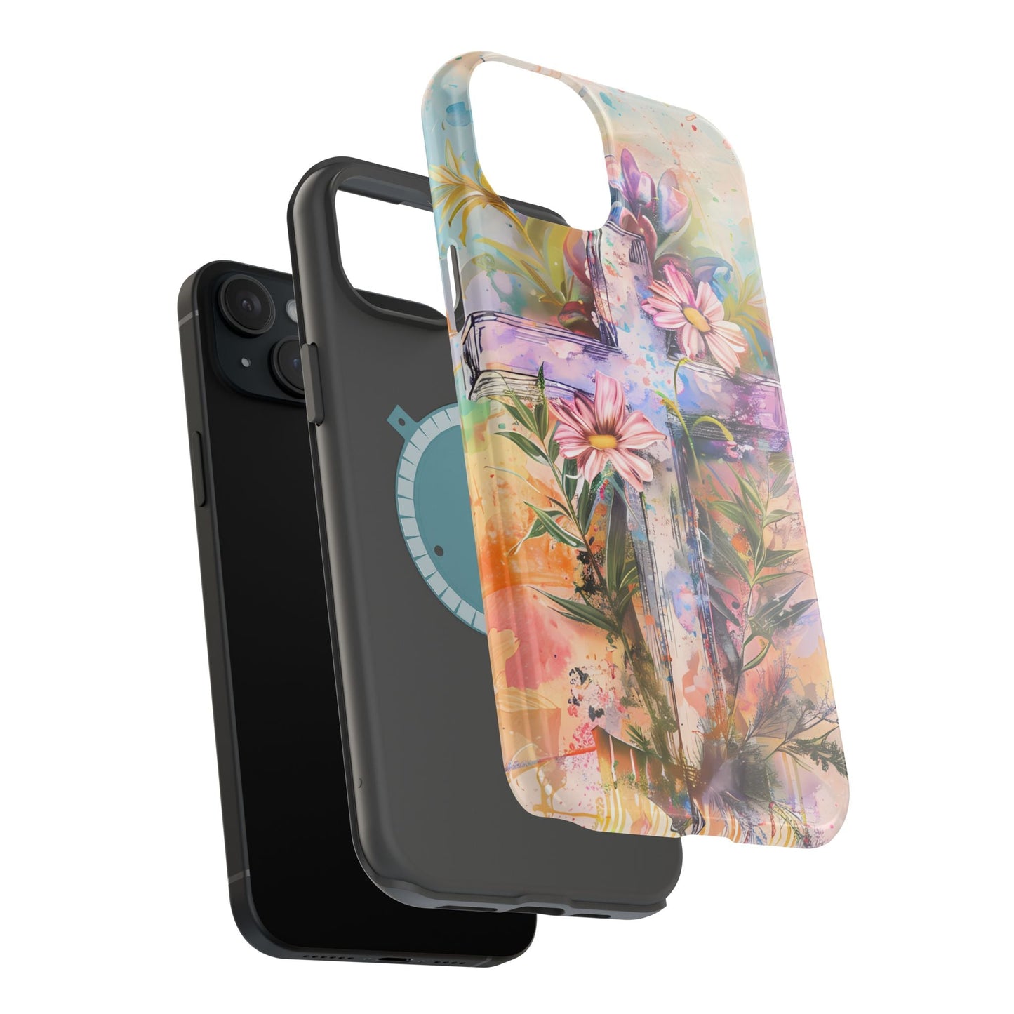 Watercolor Cross & Floral Art - MagSafe iPhone Case, Inspirational & Protective - BOGO Cases