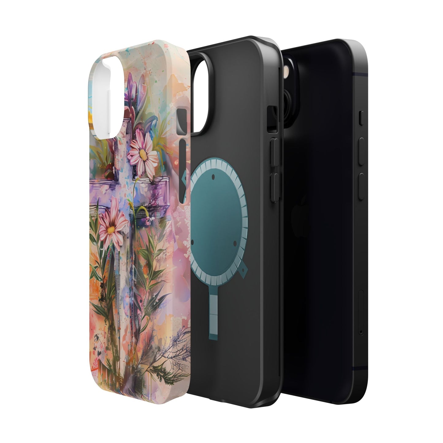 Watercolor Cross & Floral Art - MagSafe iPhone Case, Inspirational & Protective - BOGO Cases