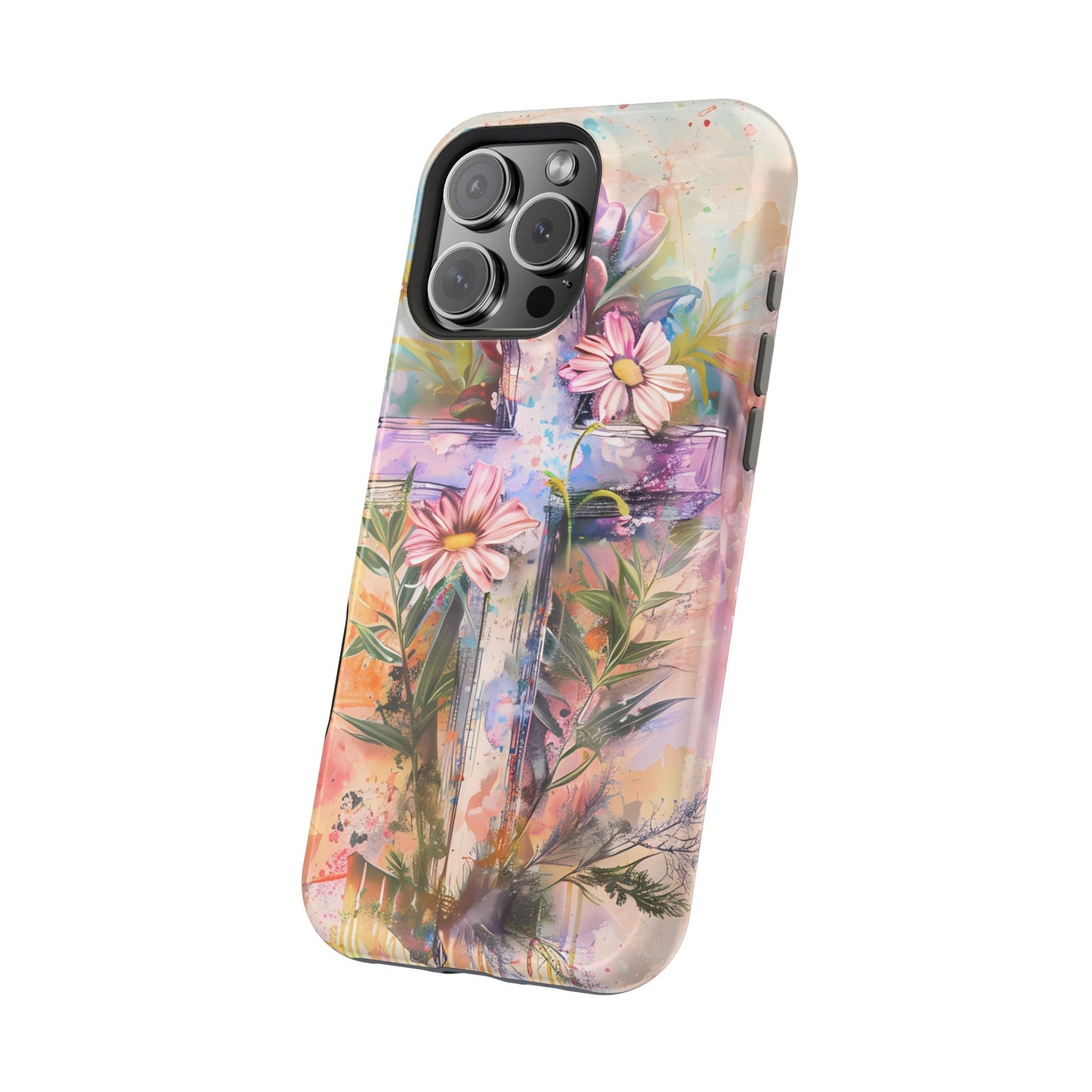 Watercolor Cross & Floral Art - MagSafe iPhone Case, Inspirational & Protective - BOGO Cases