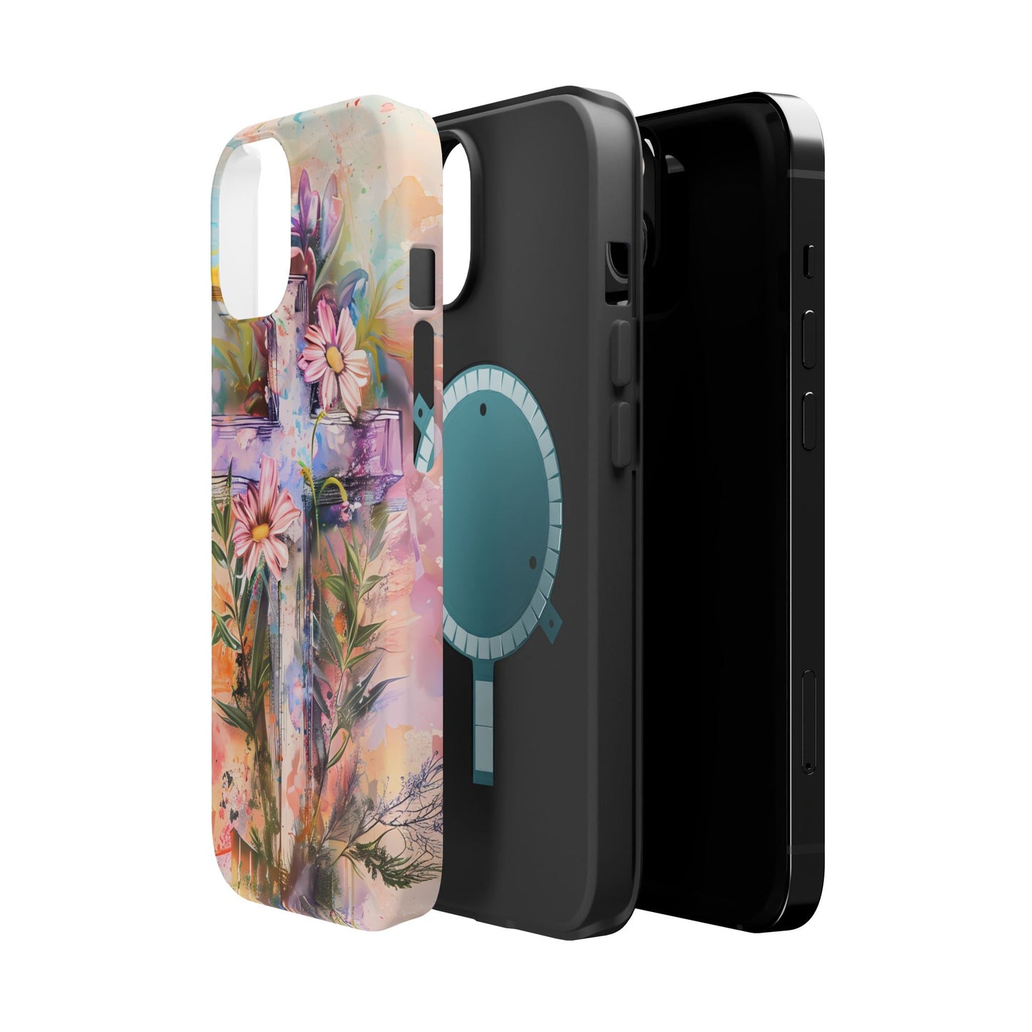 Watercolor Cross & Floral Art - MagSafe iPhone Case, Inspirational & Protective - BOGO Cases