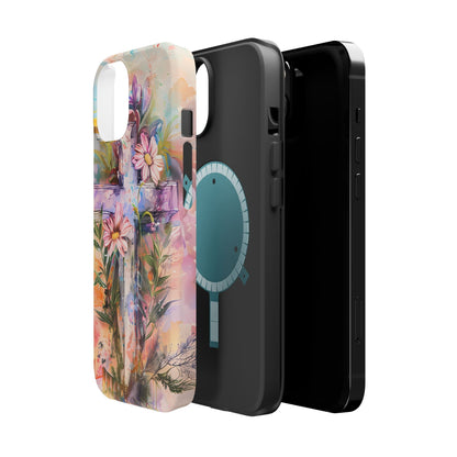 Watercolor Cross & Floral Art - MagSafe iPhone Case, Inspirational & Protective - BOGO Cases