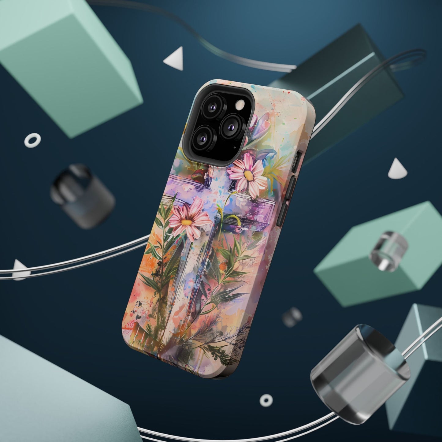 Watercolor Cross & Floral Art - MagSafe iPhone Case, Inspirational & Protective - BOGO Cases