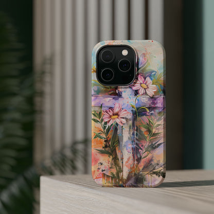 Watercolor Cross & Floral Art - MagSafe iPhone Case, Inspirational & Protective - BOGO Cases