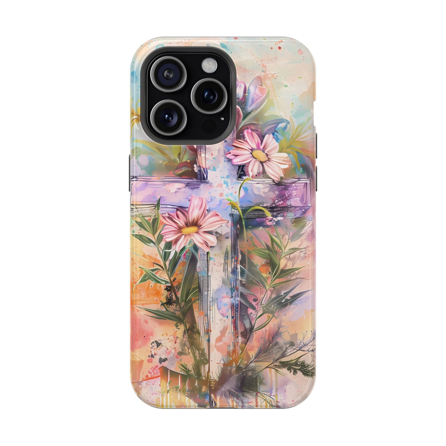 Watercolor Cross & Floral Art - MagSafe iPhone Case, Inspirational & Protective - BOGO Cases