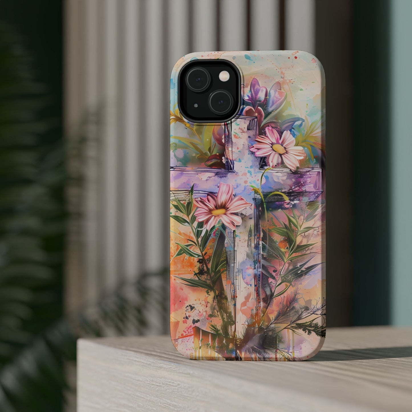 Watercolor Cross & Floral Art - MagSafe iPhone Case, Inspirational & Protective - BOGO Cases