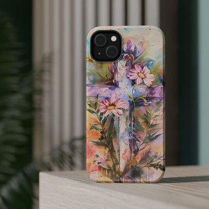 Watercolor Cross & Floral Art - MagSafe iPhone Case, Inspirational & Protective - BOGO Cases