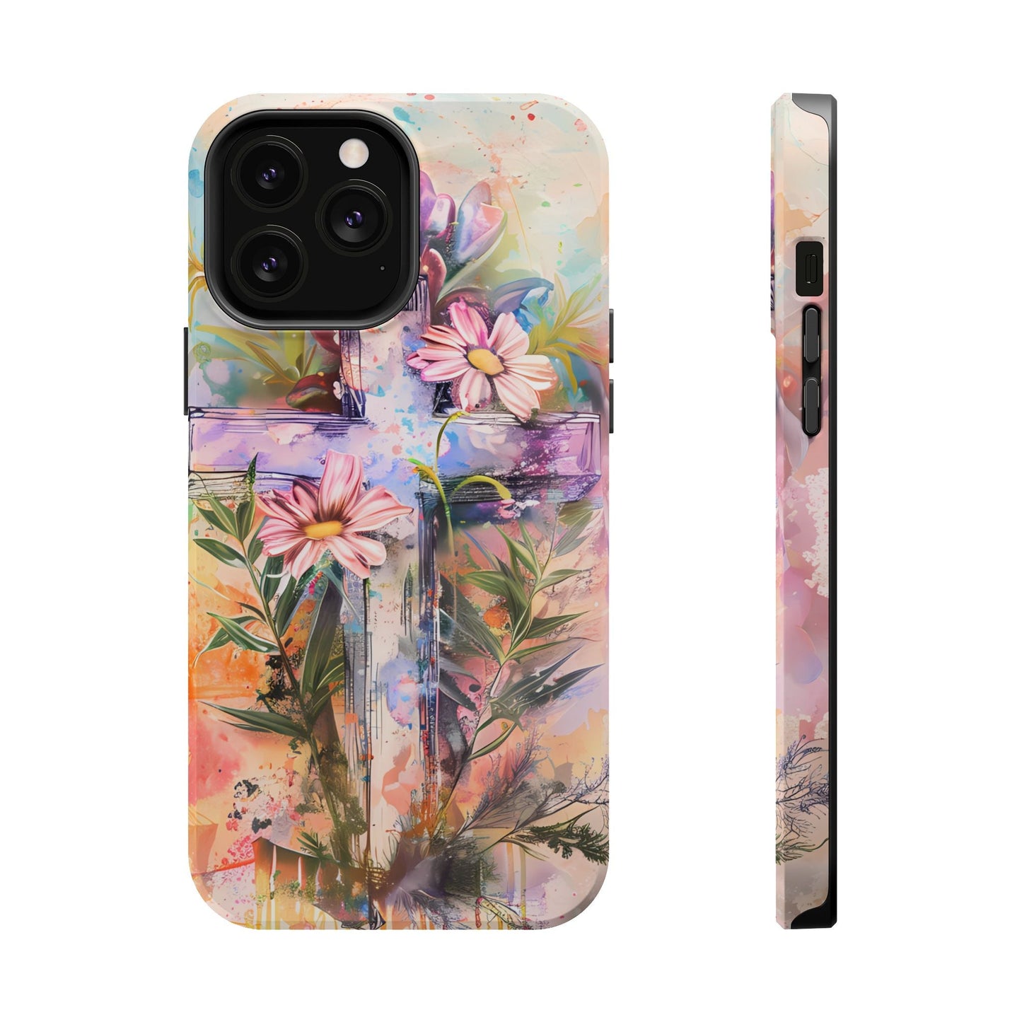 Watercolor Cross & Floral Art - MagSafe iPhone Case, Inspirational & Protective - BOGO Cases