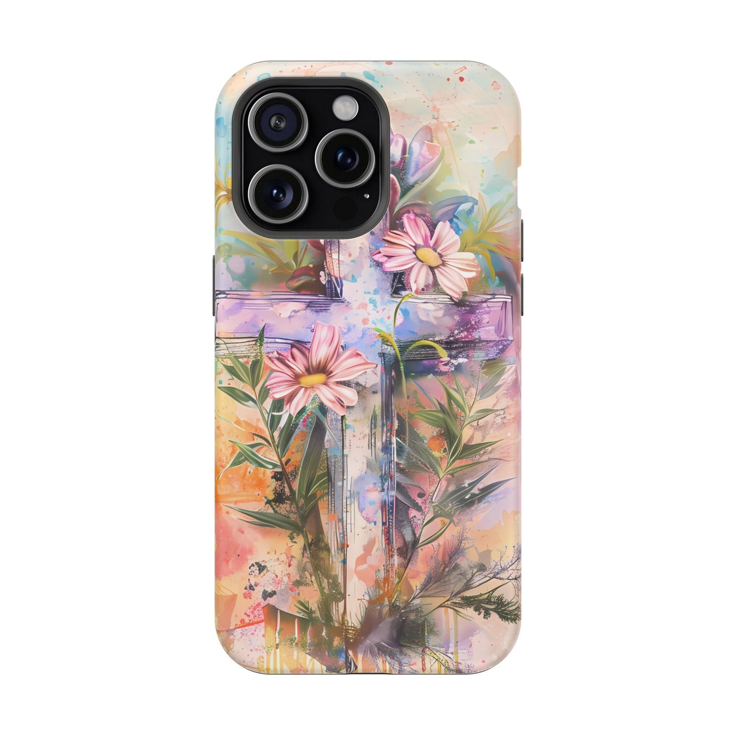 Watercolor Cross & Floral Art - MagSafe iPhone Case, Inspirational & Protective - BOGO Cases