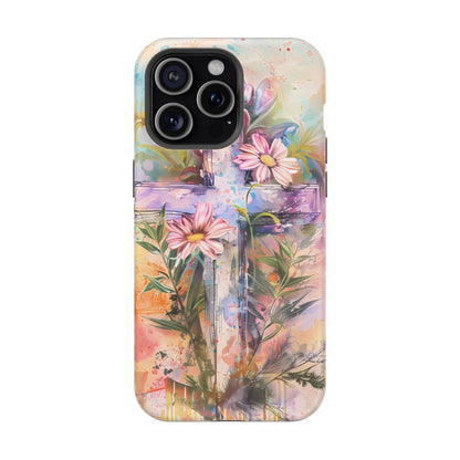 Watercolor Cross & Floral Art - MagSafe iPhone Case, Inspirational & Protective - BOGO Cases