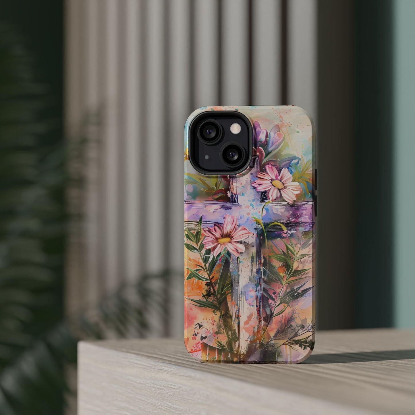 Watercolor Cross & Floral Art - MagSafe iPhone Case, Inspirational & Protective - BOGO Cases