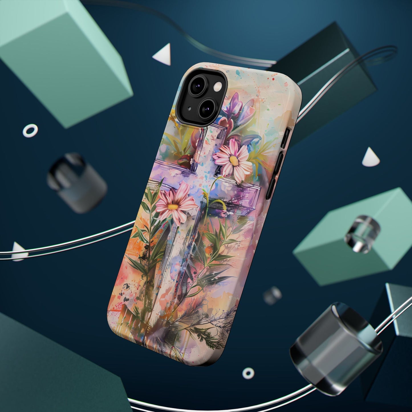 Watercolor Cross & Floral Art - MagSafe iPhone Case, Inspirational & Protective - BOGO Cases