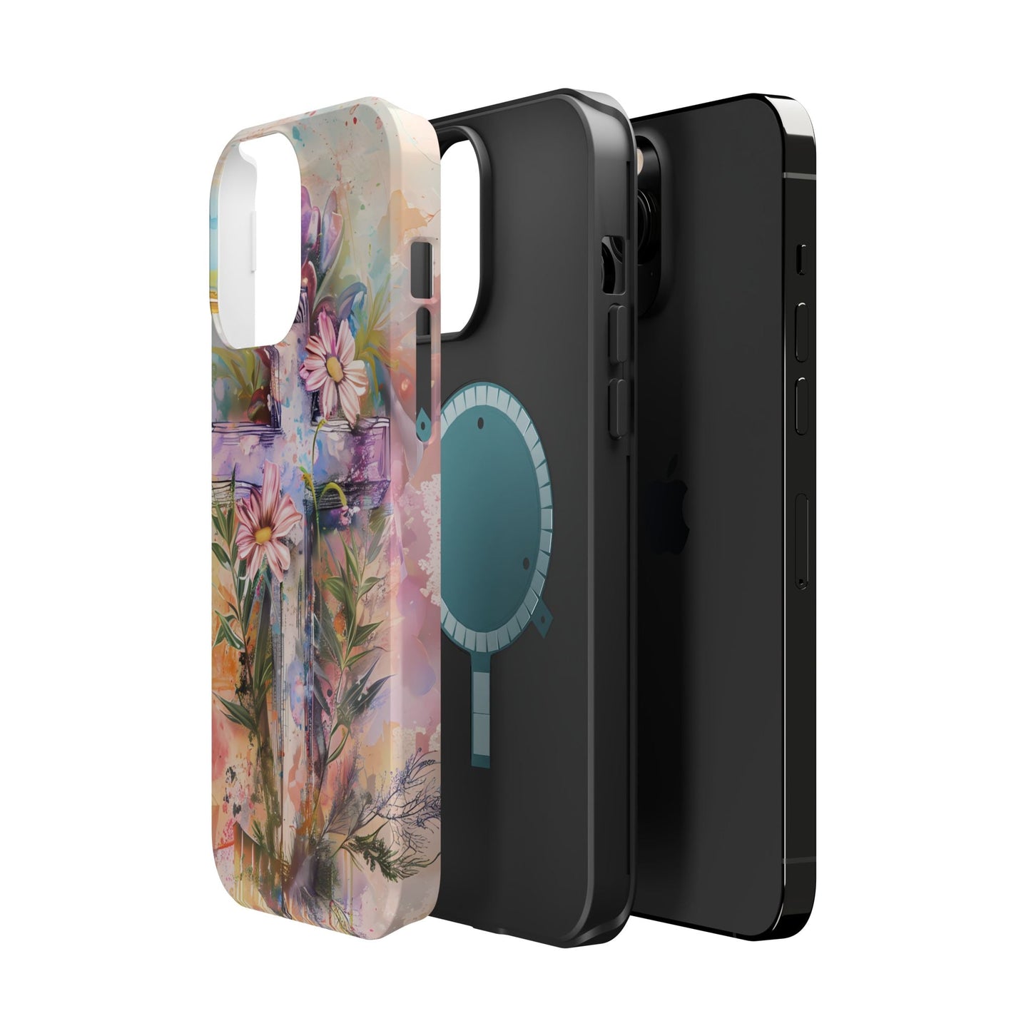 Watercolor Cross & Floral Art - MagSafe iPhone Case, Inspirational & Protective - BOGO Cases