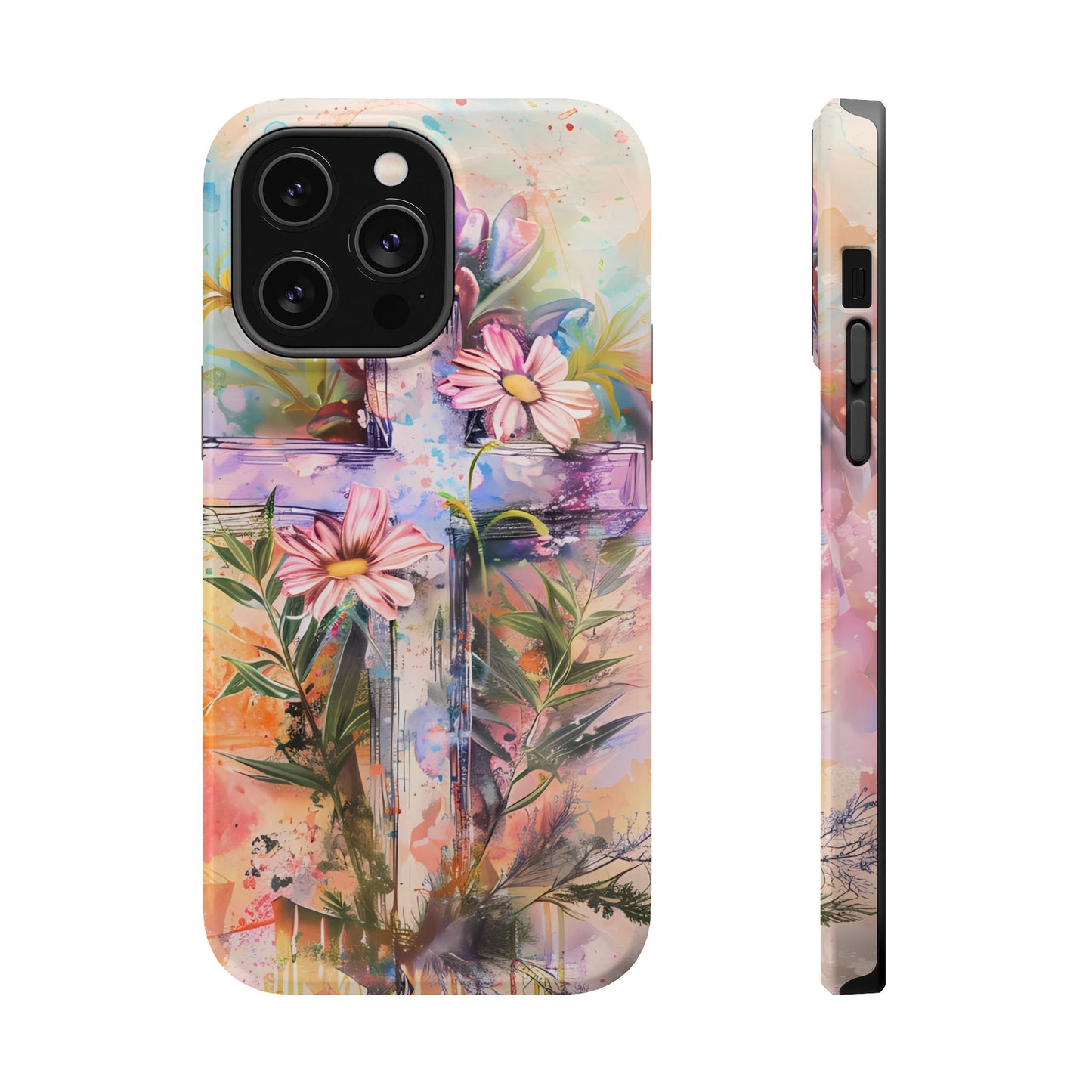 Watercolor Cross & Floral Art - MagSafe iPhone Case, Inspirational & Protective - BOGO Cases