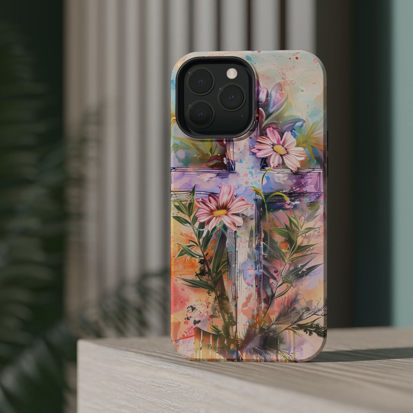 Watercolor Cross & Floral Art - MagSafe iPhone Case, Inspirational & Protective - BOGO Cases