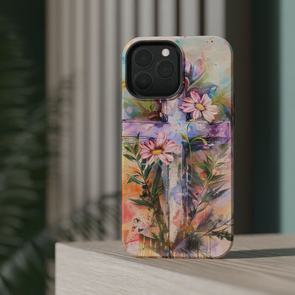 Watercolor Cross & Floral Art - MagSafe iPhone Case, Inspirational & Protective - BOGO Cases