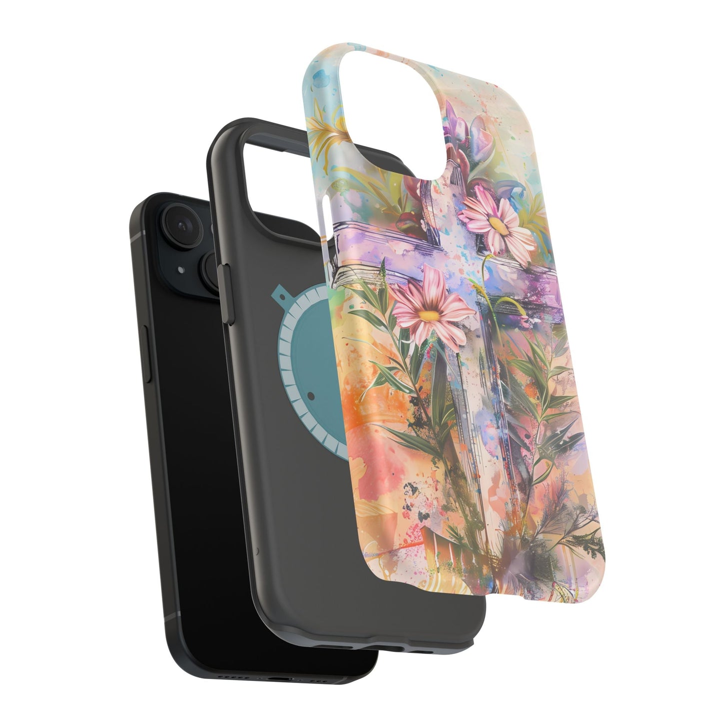 Watercolor Cross & Floral Art - MagSafe iPhone Case, Inspirational & Protective - BOGO Cases