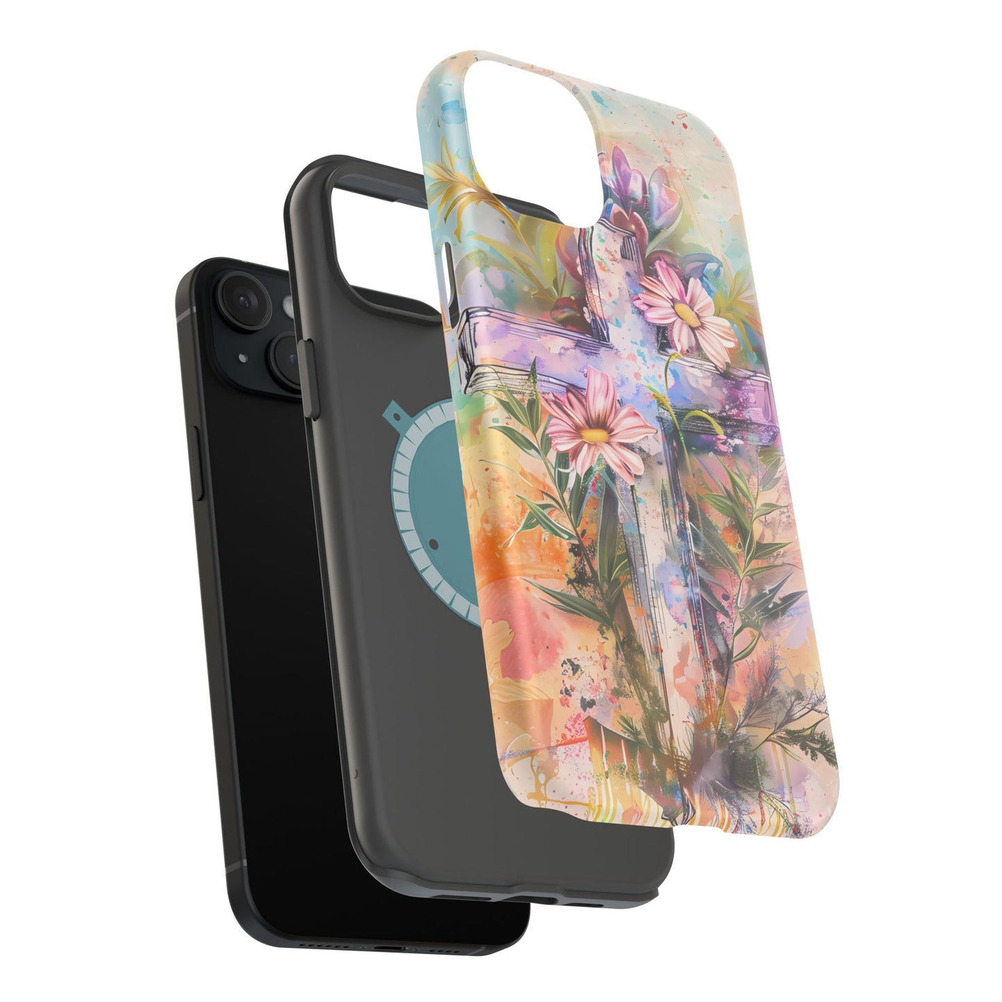 Watercolor Cross & Floral Art - MagSafe iPhone Case, Inspirational & Protective - BOGO Cases