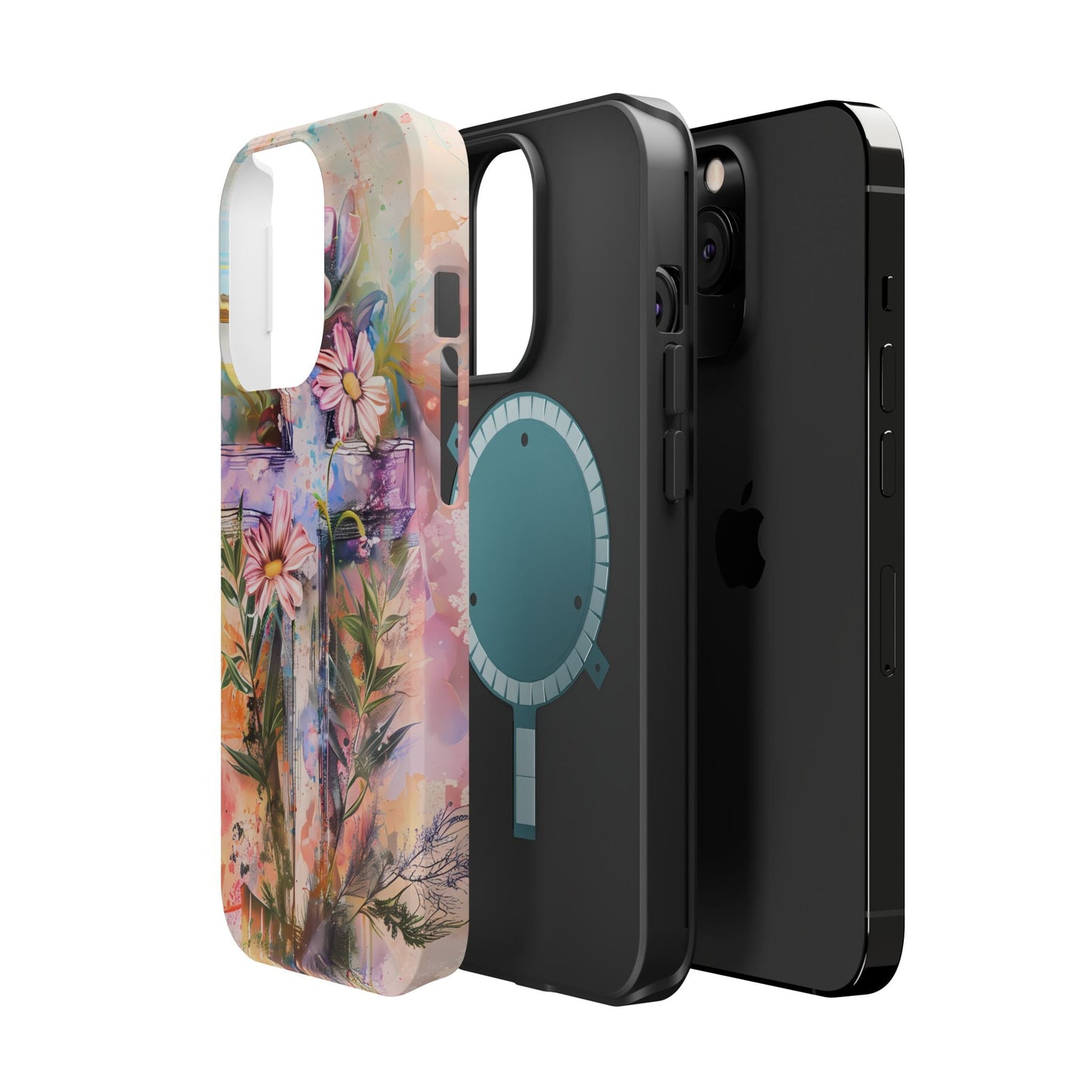 Watercolor Cross & Floral Art - MagSafe iPhone Case, Inspirational & Protective - BOGO Cases