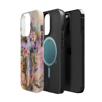 Watercolor Cross & Floral Art - MagSafe iPhone Case, Inspirational & Protective - BOGO Cases