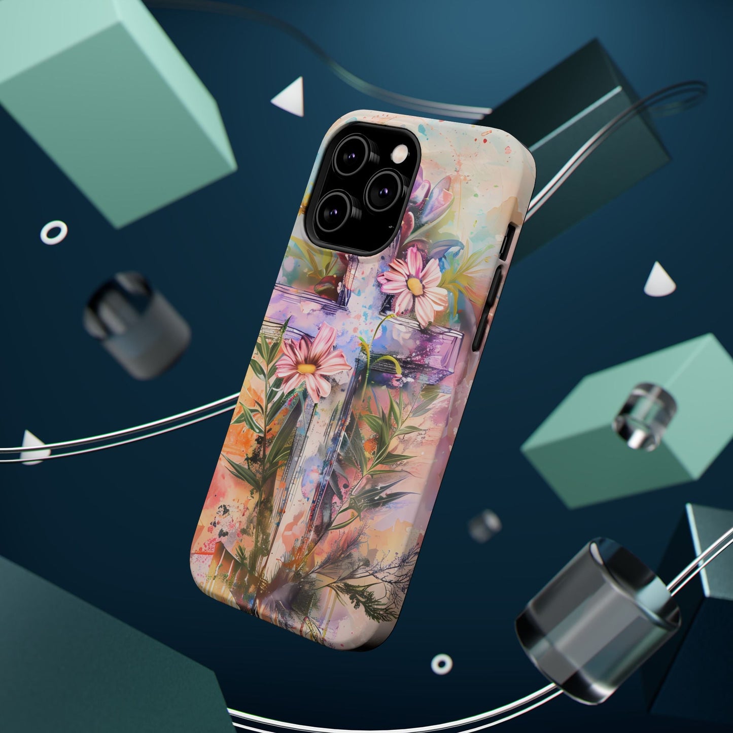 Watercolor Cross & Floral Art - MagSafe iPhone Case, Inspirational & Protective - BOGO Cases
