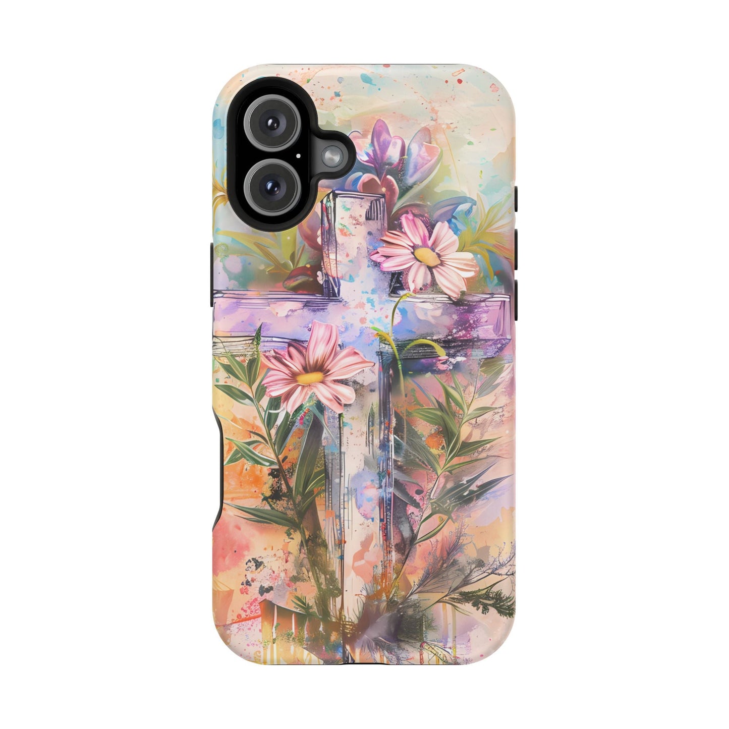 Watercolor Cross & Floral Art - MagSafe iPhone Case, Inspirational & Protective - BOGO Cases