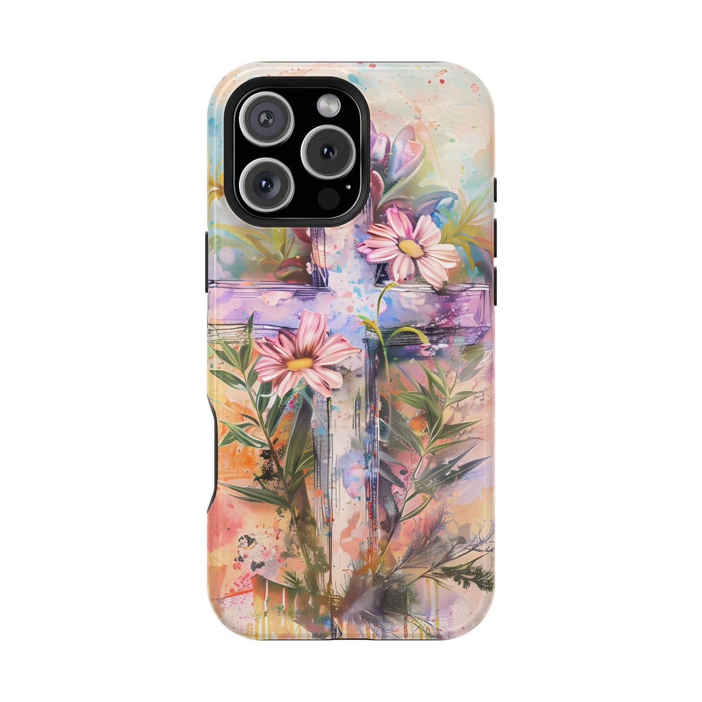 Watercolor Cross & Floral Art - MagSafe iPhone Case, Inspirational & Protective - BOGO Cases