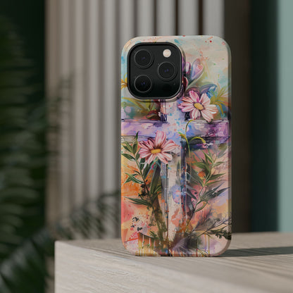 Watercolor Cross & Floral Art - MagSafe iPhone Case, Inspirational & Protective - BOGO Cases