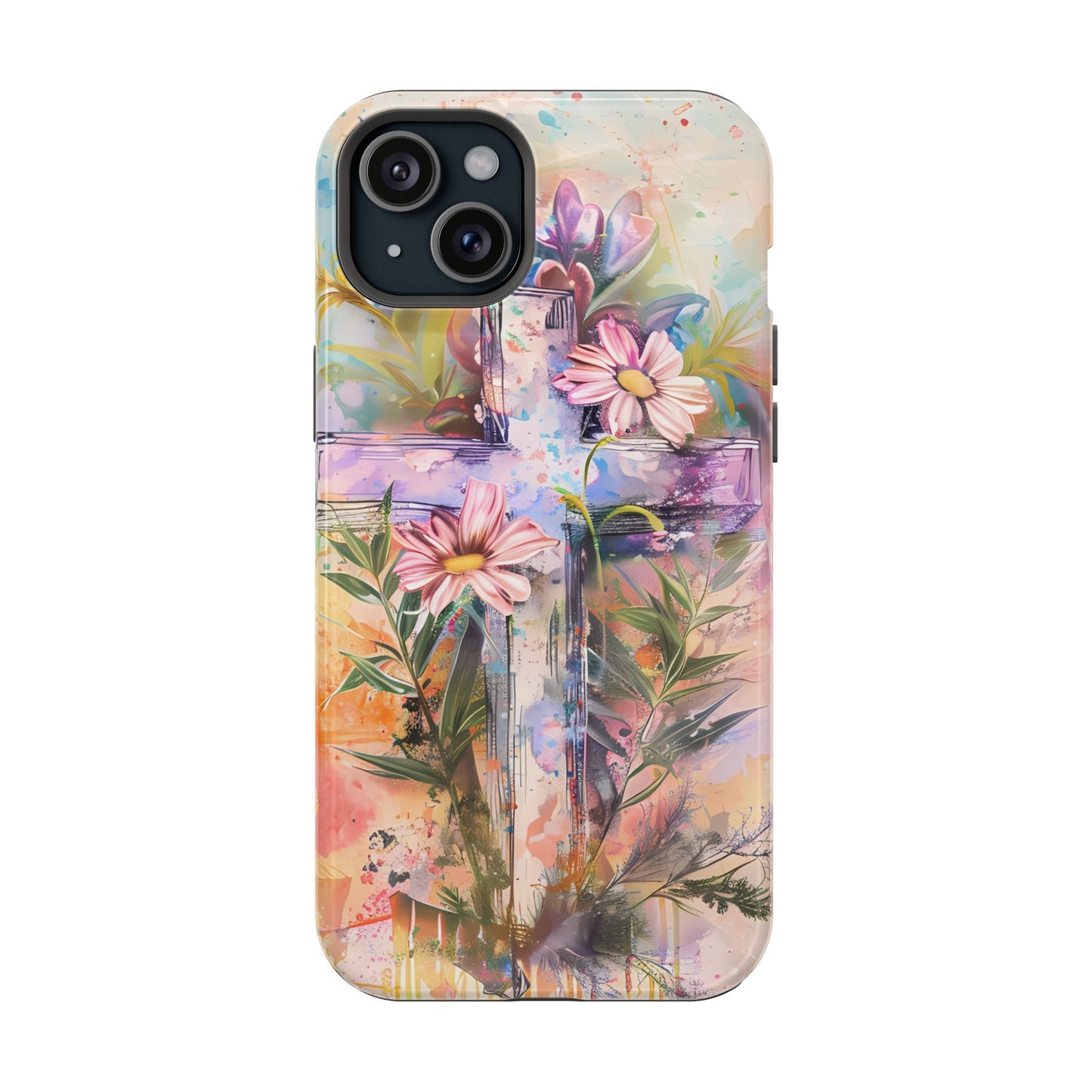 Watercolor Cross & Floral Art - MagSafe iPhone Case, Inspirational & Protective - BOGO Cases