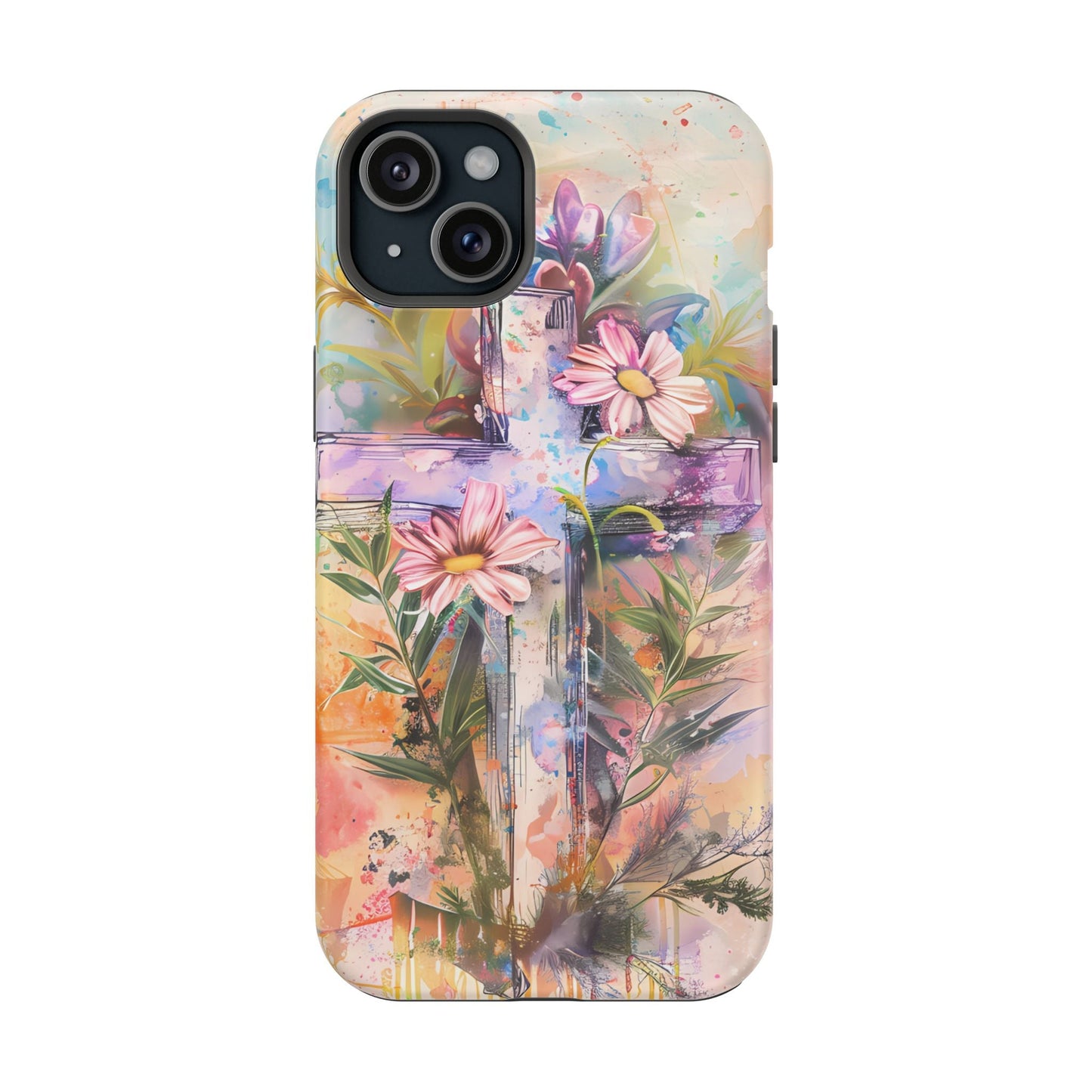 Watercolor Cross & Floral Art - MagSafe iPhone Case, Inspirational & Protective - BOGO Cases
