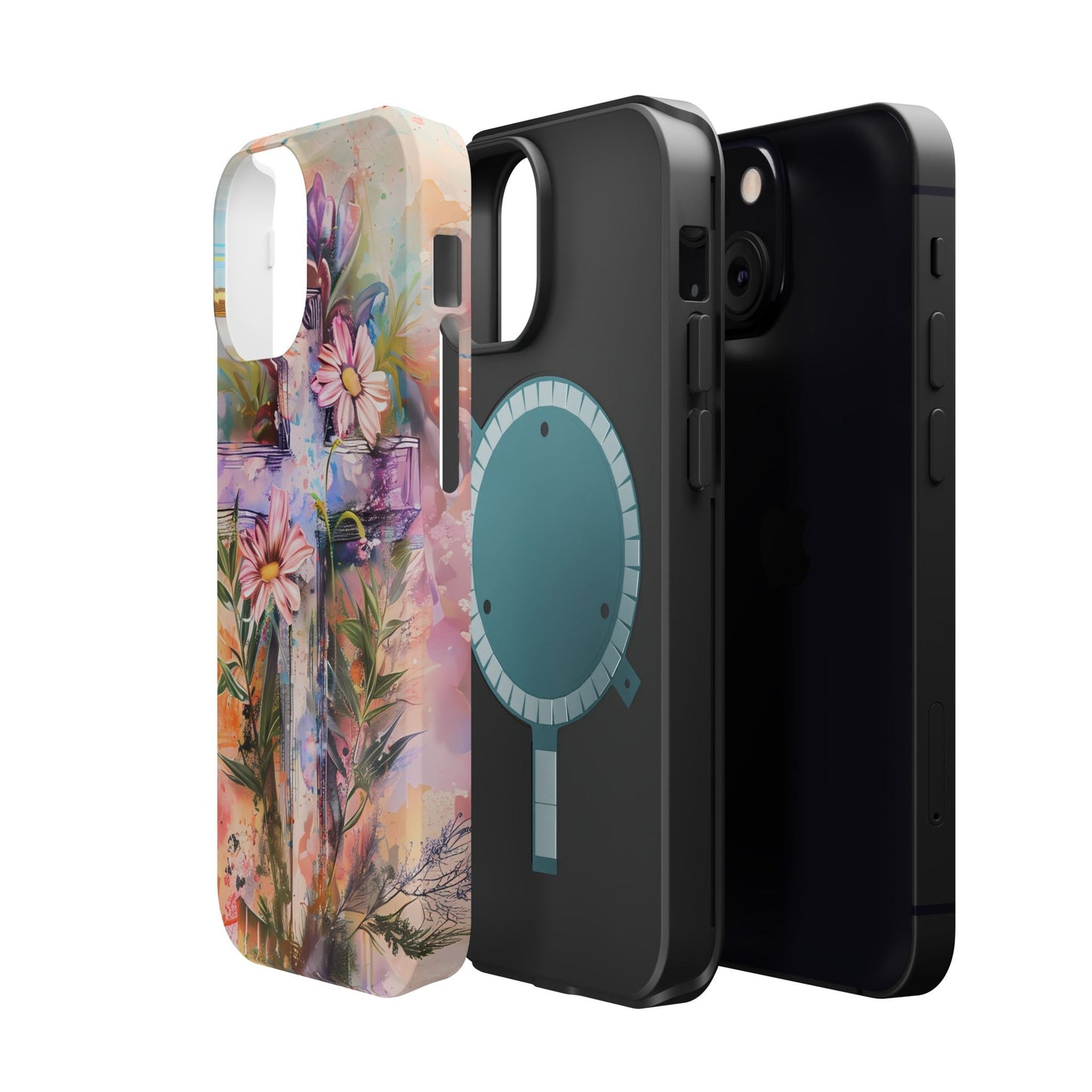 Watercolor Cross & Floral Art - MagSafe iPhone Case, Inspirational & Protective - BOGO Cases