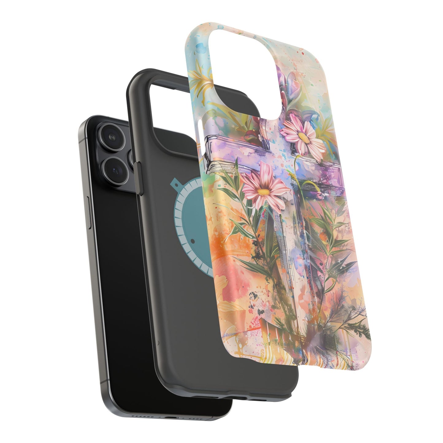 Watercolor Cross & Floral Art - MagSafe iPhone Case, Inspirational & Protective - BOGO Cases