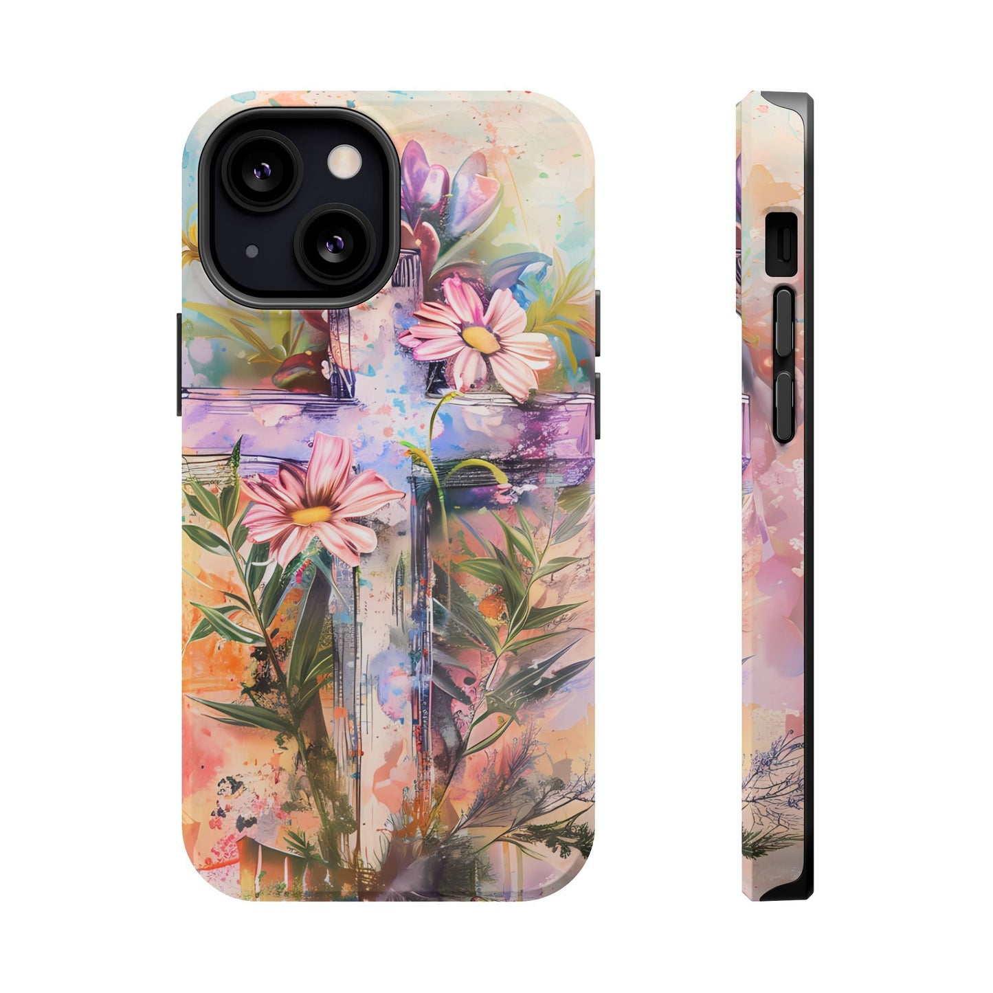 Watercolor Cross & Floral Art - MagSafe iPhone Case, Inspirational & Protective - BOGO Cases
