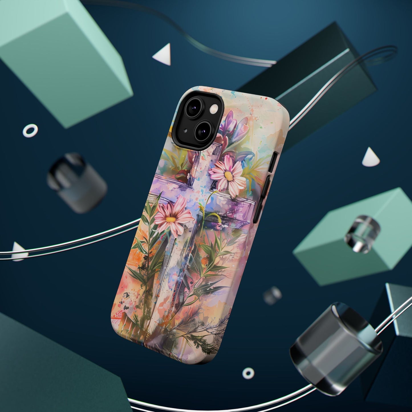 Watercolor Cross & Floral Art - MagSafe iPhone Case, Inspirational & Protective - BOGO Cases