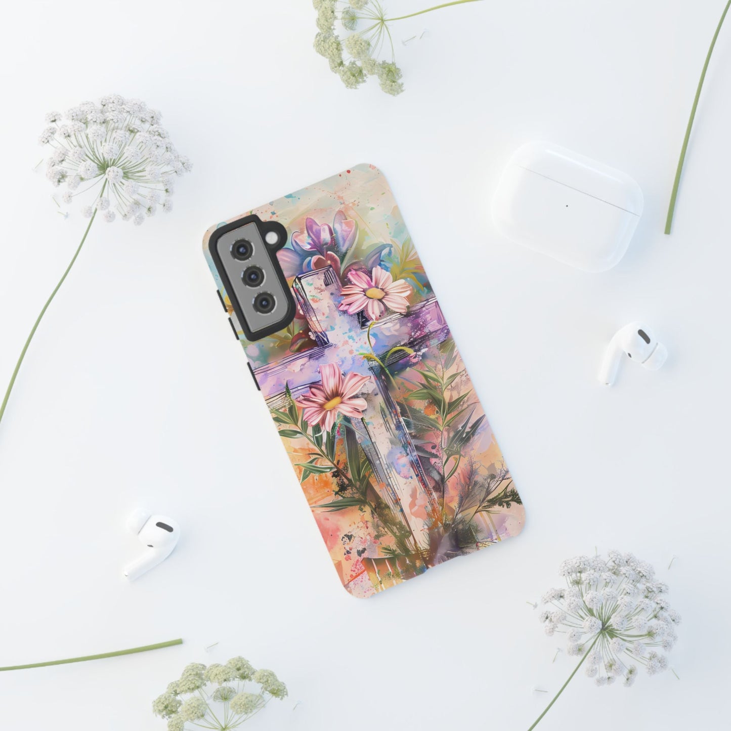 Watercolor Cross & Floral Art - Samsung Galaxy Case, Inspirational & Protective - BOGO Cases