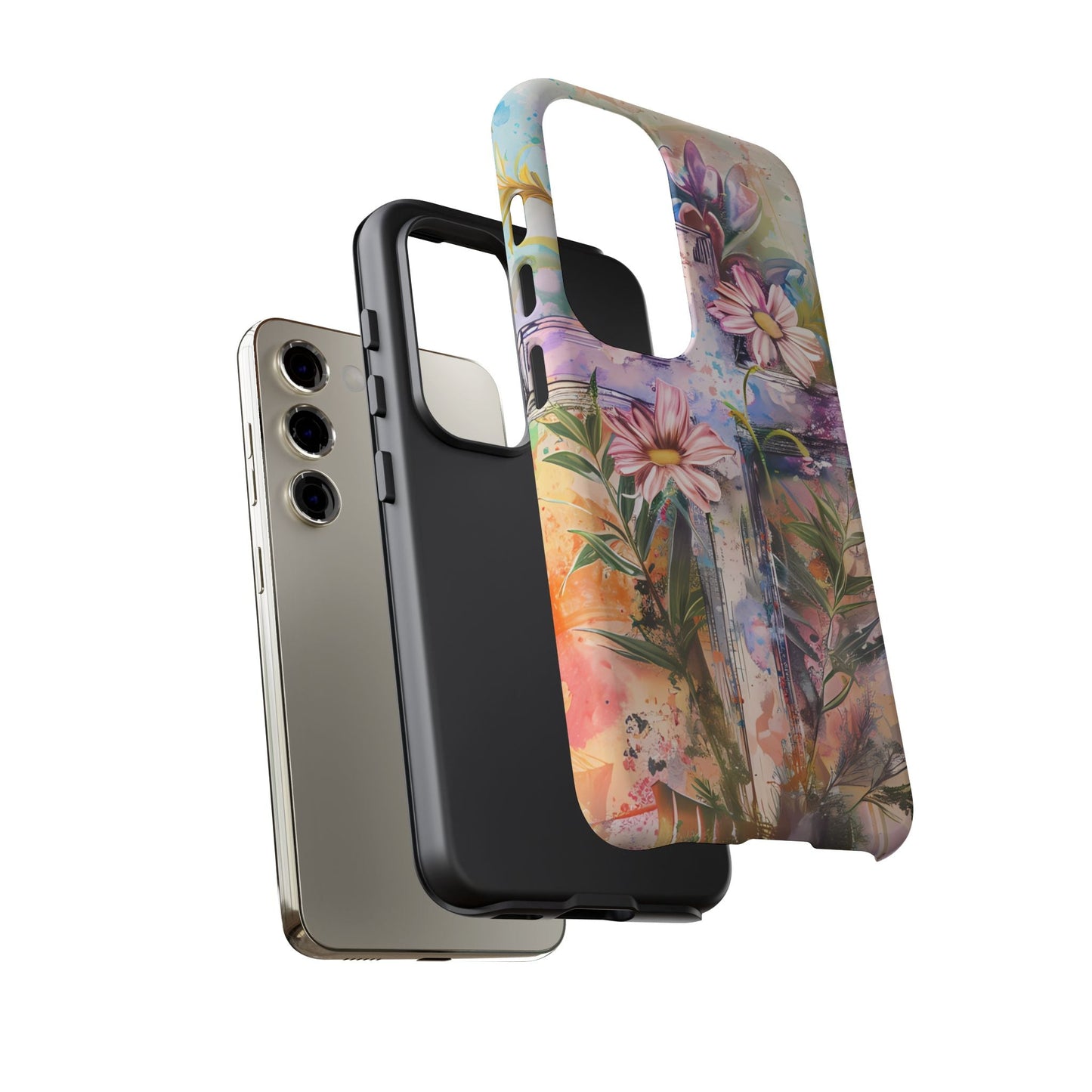 Watercolor Cross & Floral Art - Samsung Galaxy Case, Inspirational & Protective - BOGO Cases