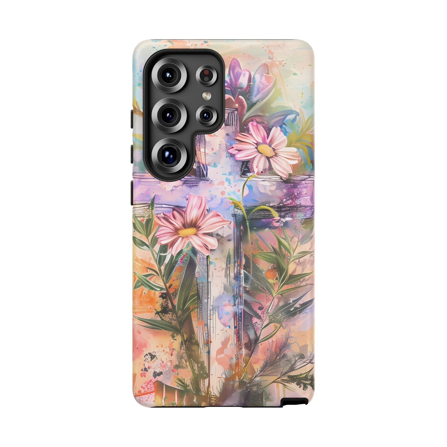 Watercolor Cross & Floral Art - Samsung Galaxy Case, Inspirational & Protective - BOGO Cases