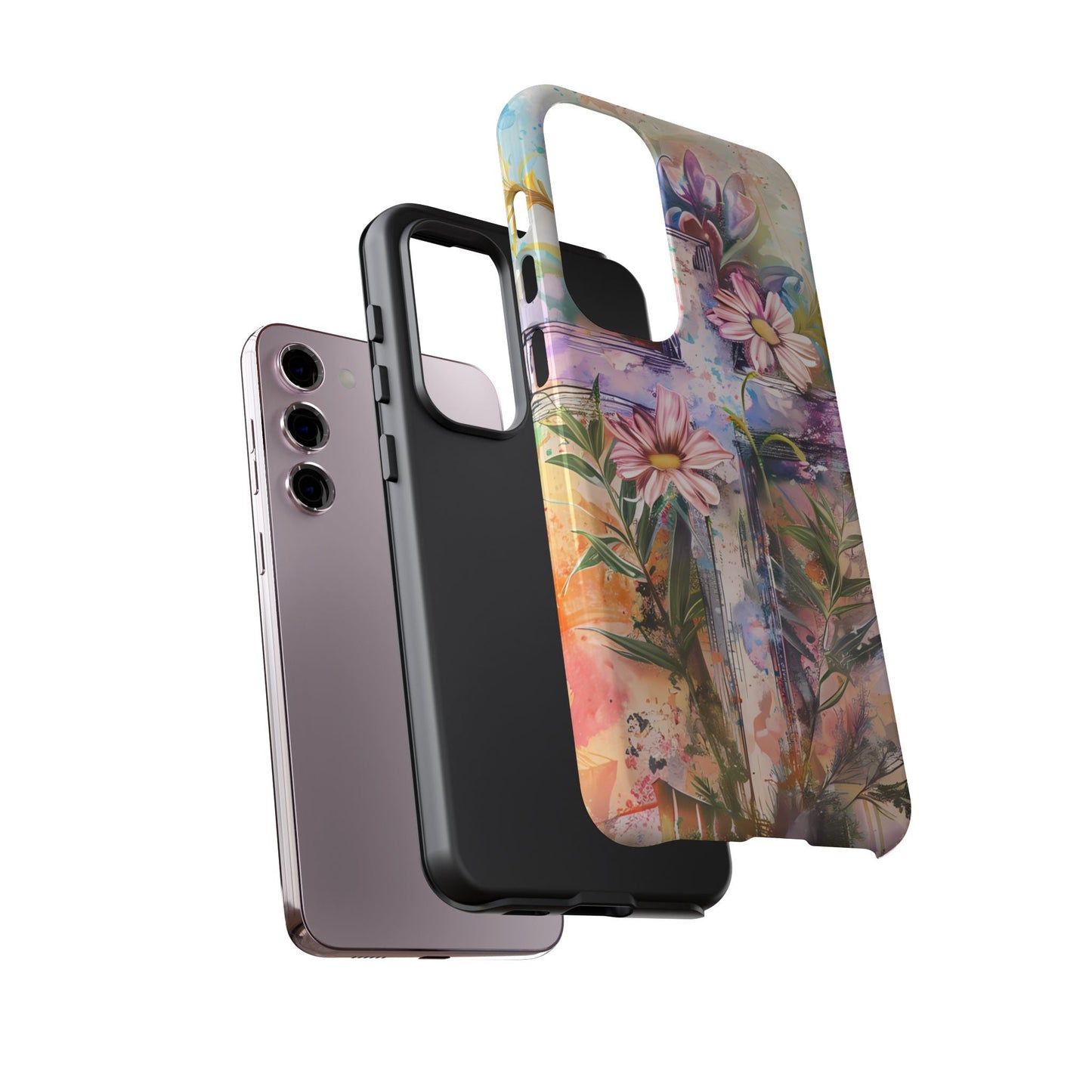 Watercolor Cross & Floral Art - Samsung Galaxy Case, Inspirational & Protective - BOGO Cases