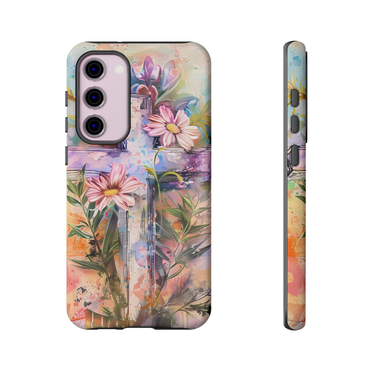 Watercolor Cross & Floral Art - Samsung Galaxy Case, Inspirational & Protective - BOGO Cases