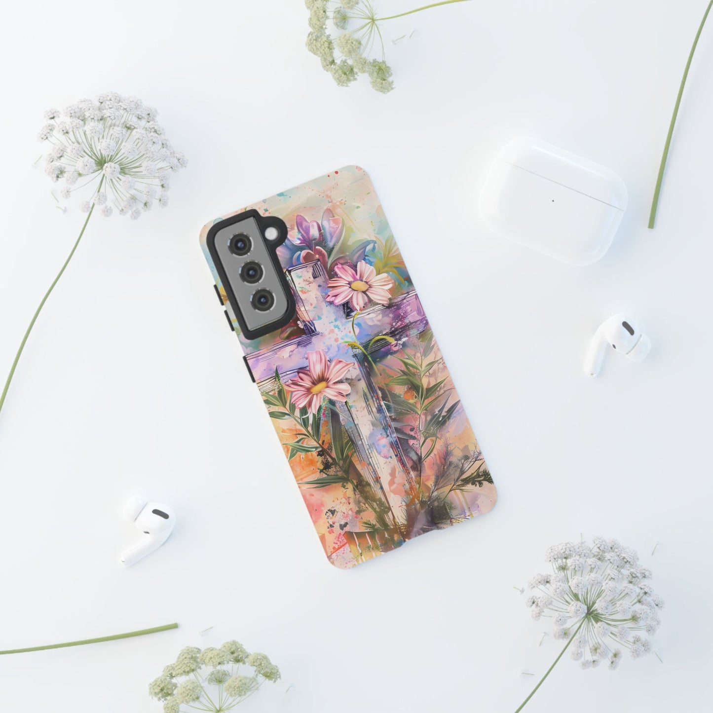 Watercolor Cross & Floral Art - Samsung Galaxy Case, Inspirational & Protective - BOGO Cases