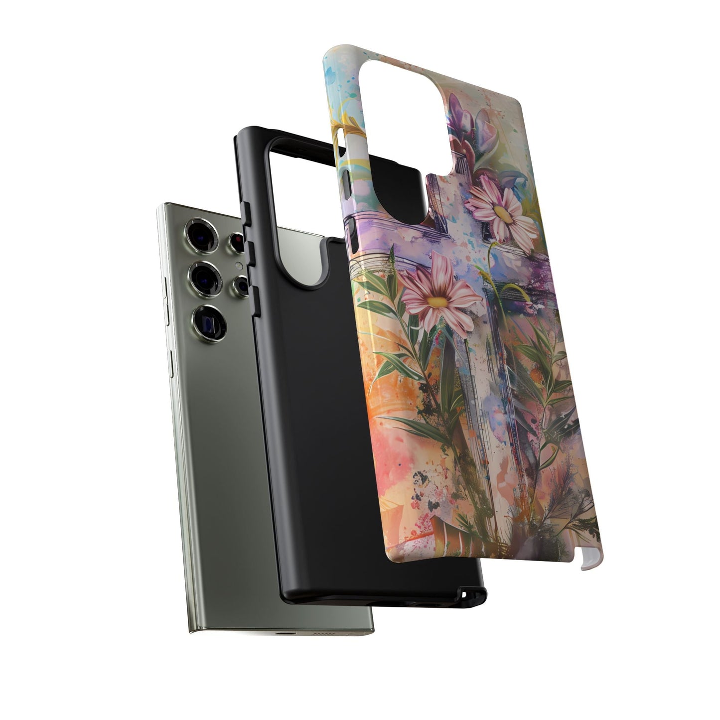 Watercolor Cross & Floral Art - Samsung Galaxy Case, Inspirational & Protective - BOGO Cases