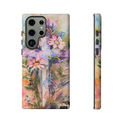 Watercolor Cross & Floral Art - Samsung Galaxy Case, Inspirational & Protective - BOGO Cases