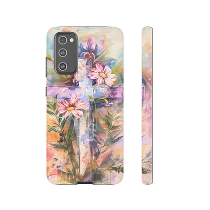 Watercolor Cross & Floral Art - Samsung Galaxy Case, Inspirational & Protective - BOGO Cases