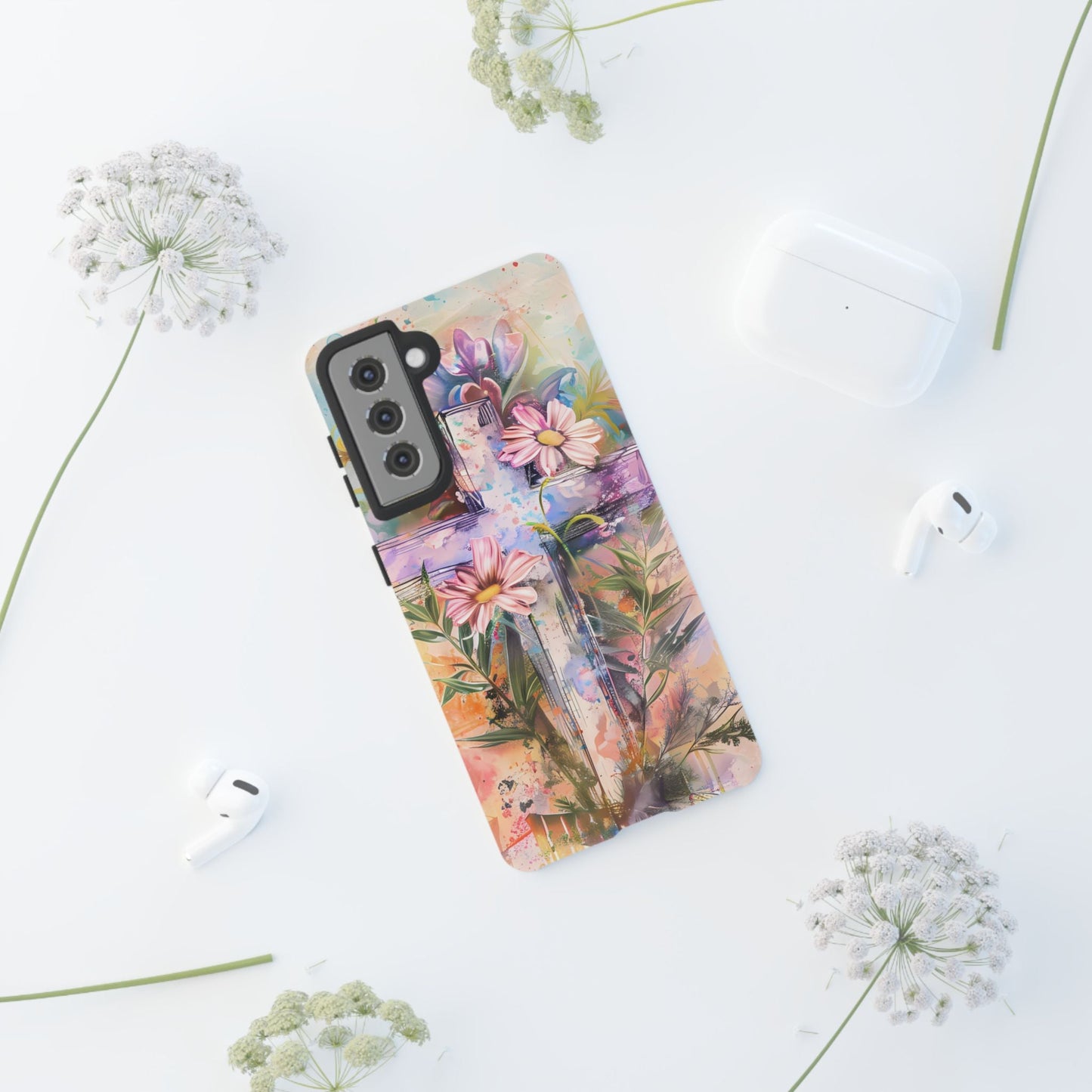 Watercolor Cross & Floral Art - Samsung Galaxy Case, Inspirational & Protective - BOGO Cases
